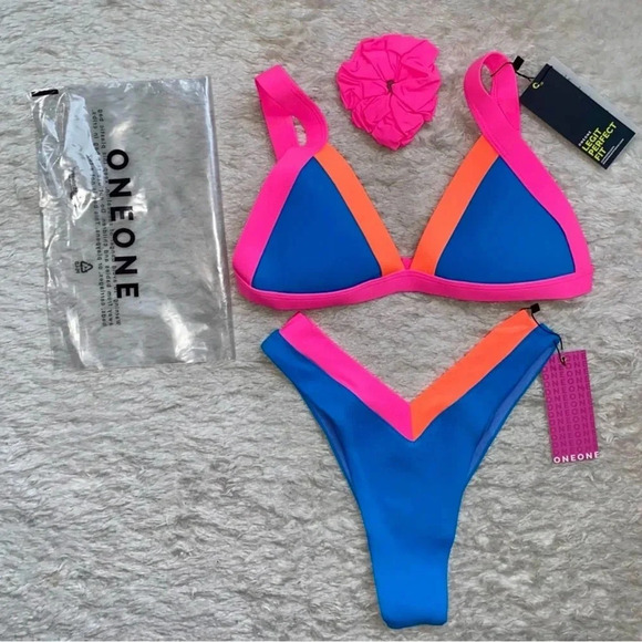 NWT OneOne Swimwear SET Bikini Palmeto Blue Neon Kameron Jesse Orange Pink New - Picture 4 of 16